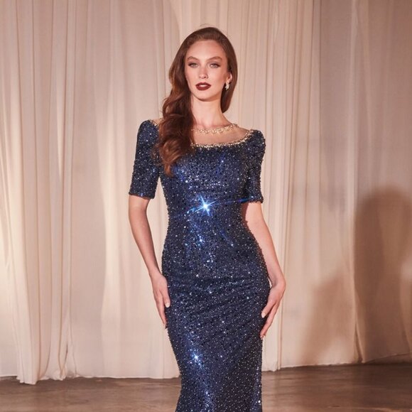 NEW LONG FORMAL MERMAID SEQUINS EMBELLISHED MAXI SHORT SLEEVES DRESS CD CB151 - Picture 7 of 12